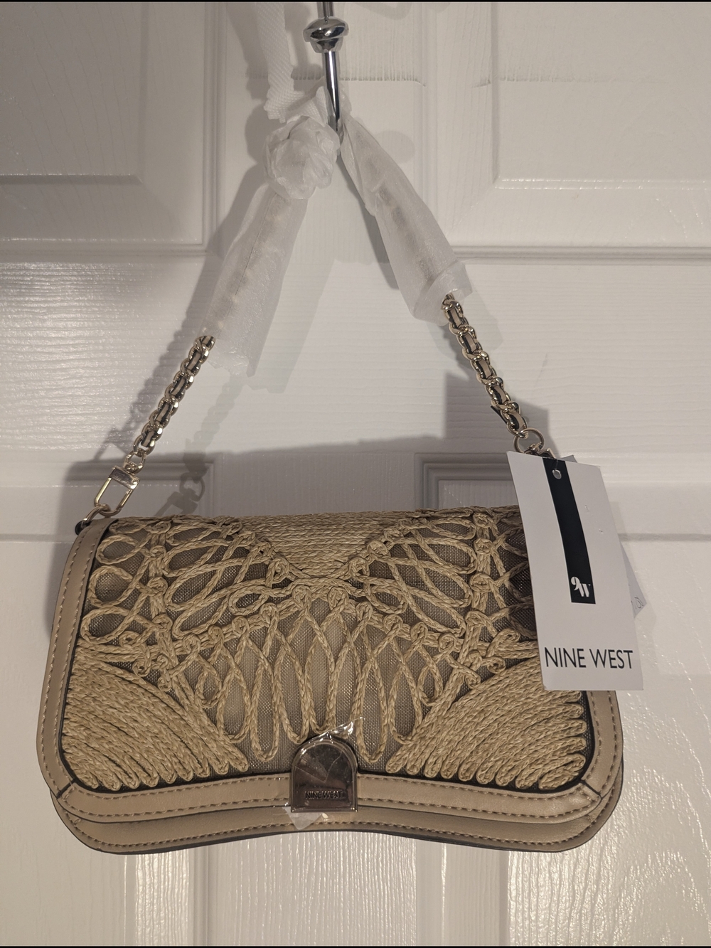 Nine West Somi Mini Woven Crochet Chain Shoulder Bag NWT Natural